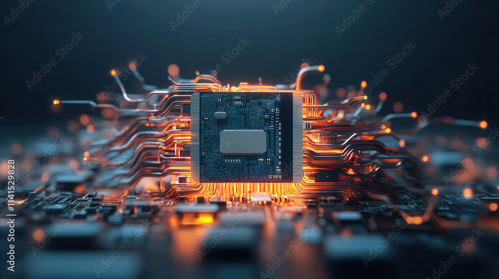 Poster glowing microchip surrounded by intricate circuitry, symbolizing advanced technology and innovation