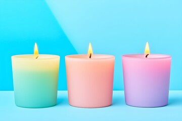 Colorful candles with soft flames against a bright blue background, creating a serene and inviting ambiance.