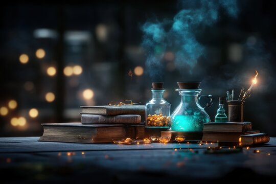 An alchemist's table with ancient scrolls, mystical potions, and intricate tools for transforming the ordinary into gold.