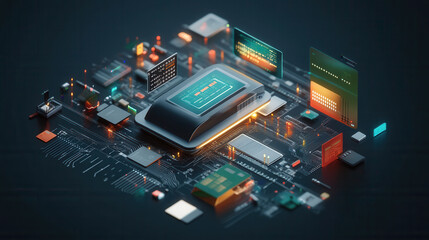 futuristic digital circuit board with central processing unit, glowing elements, and various electronic components