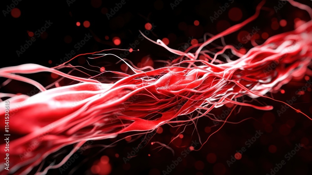 Poster close-up of dynamic red fibers abstract digital artwork exploring energy in dark space blur backgrou