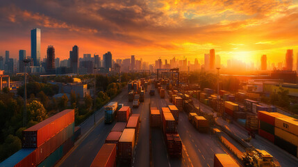 vibrant industrial zone at sunset with shipping containers and city skyline