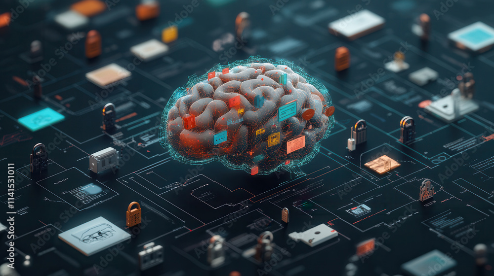 Poster abstract ai brain surrounded by digital locks and data symbols, representing technology and security