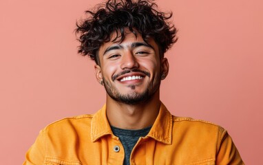 Obraz premium man with casual t-shirt is smiling at the camera, solid color background