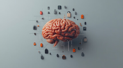 abstract brain design with digital locks and binary code, symbolizing security and intelligence