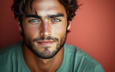 man with casual t-shirt is smiling at the camera, solid color background