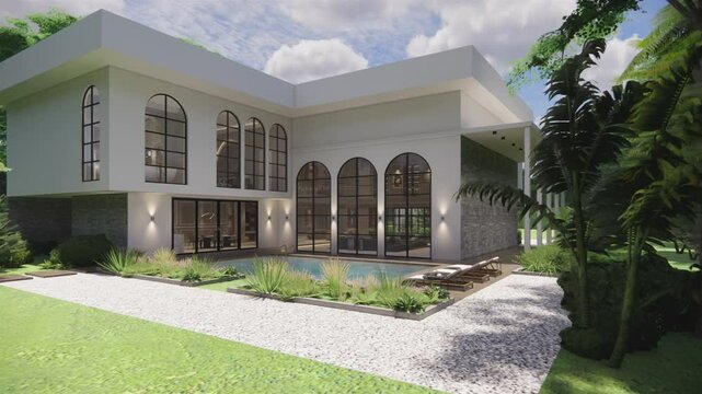 Modern house exterior with garden  landscape .3D rendering model of the building.3d animation render isometric floor plan of modern contemporary house.