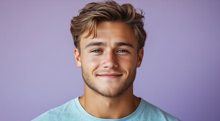 Fototapeta premium man with casual t-shirt is smiling at the camera, solid color background