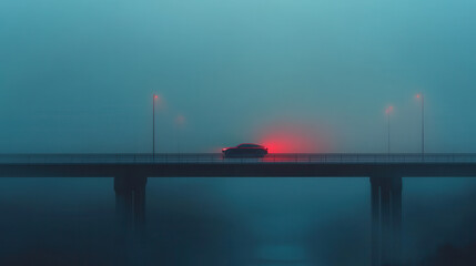 Obraz premium sleek electric vehicle drives on foggy bridge, illuminated by red lights, creating mysterious atmosphere