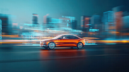 Fototapeta premium sleek electric vehicle with advanced autonomous technology speeds through futuristic cityscape, showcasing innovation and modern design