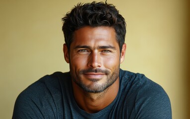 Obraz premium man with casual t-shirt is smiling at the camera, solid color background