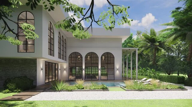 Modern house exterior with garden  landscape .3D rendering model of the building.3d animation render isometric floor plan of modern contemporary house.