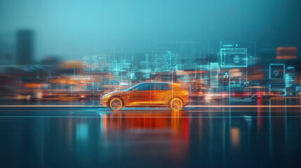 Futuristic electric vehicle with glowing accents in digital cityscape