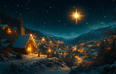 Nativity Scene with the Star of Bethlehem Over a Snowy Village at Night