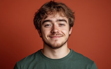 Fototapeta premium man with casual t-shirt is smiling at the camera, solid color background