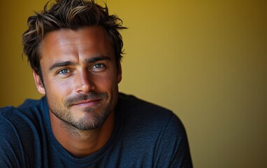 Obraz premium man with casual t-shirt is smiling at the camera, solid color background