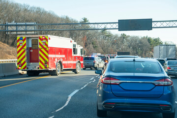 traffic jam, ambulance and cars in row at car accident crash place © nd700