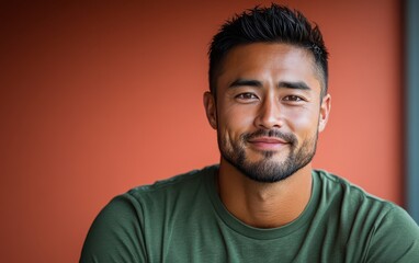 Fototapeta premium man with casual t-shirt is smiling at the camera, solid color background