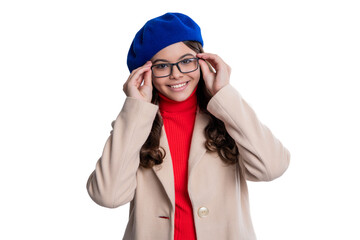 Stylish in eyeglasses. Fashion style for autumn. Teen girl look in eyeglasses. Autumn fashion style. Stylish teen girl in glasses. Fall trend. Eyewear for teen student isolated on white. Eye health