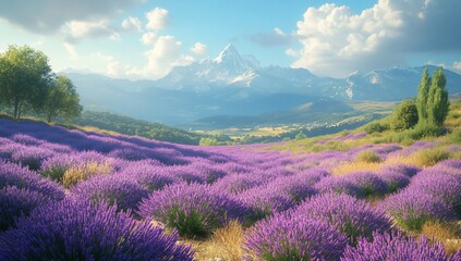 Sunny lavender field with majestic mountains in background.