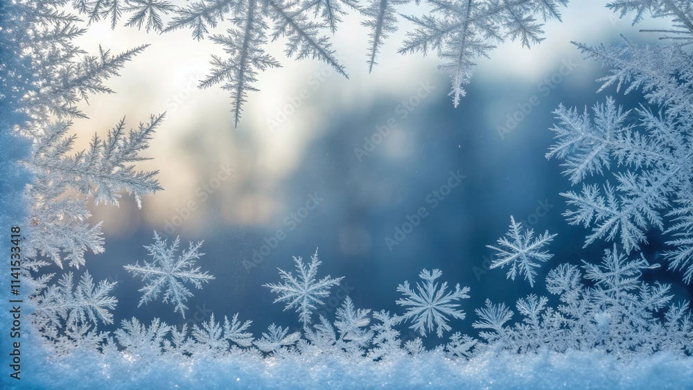 Poster beautiful ice crystals creating a delicate snowflake pattern on a frozen windowpane. with a soft. bl