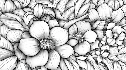 Fototapeta premium Monochrome Floral Pattern Elegant Line Art Flowers Background