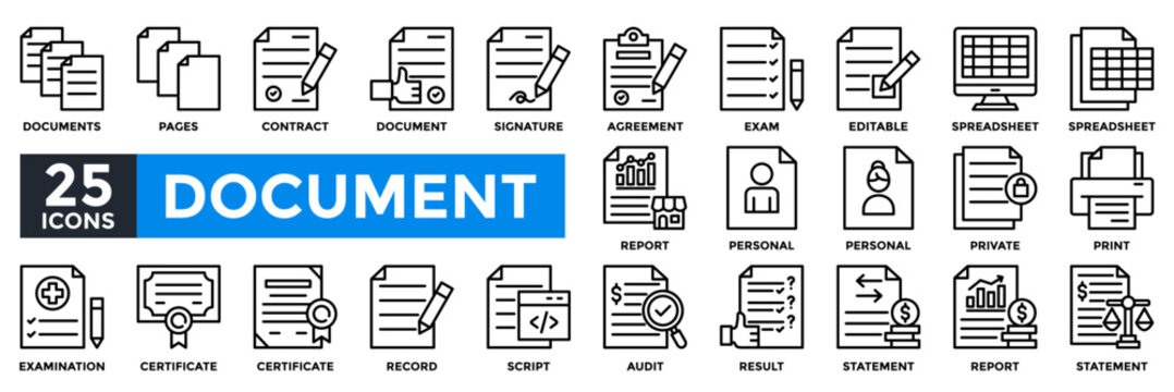 Document icon collection set. Containing contract, spreadsheet, certificate, statement, report, script, pages icon. 