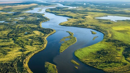 Lush Green Field with River