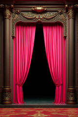 A stage with a red curtain and a red carpet