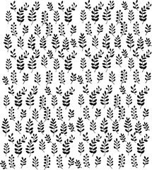 Seamless floral pattern with little black blades of grass. Floral texture on white background. Cartoon style sprigs with oval leaflets. For printing on fabric or paper. Vector illustration.