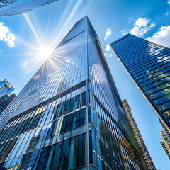 Modern Skyscraper with Sleek Glass Facade Reflecting Cityscape Under Bright Blue Sky - Contemporary Urban Architecture