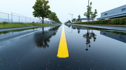 A wet road reflecting trees and buildings after rain.