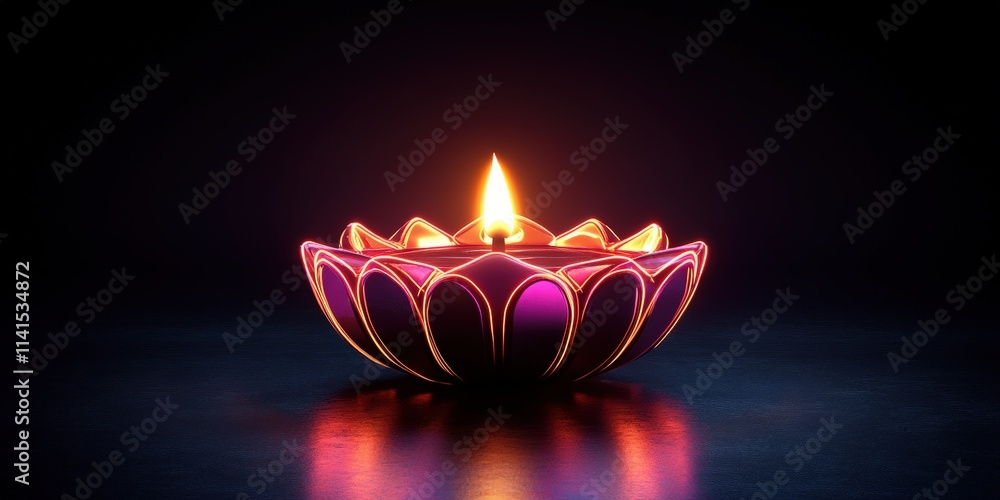 Poster glowing neon lighted candle with intricate design on a dark pitch black background for 3d visualizat