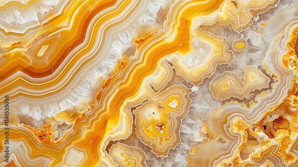 Poster a close-up view of vibrant orange and yellow agate stone with intricate patterns.