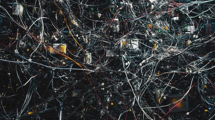A dense of cables and wires connecting various computing devices representing the complex infrastructure behind predictive algorithms.