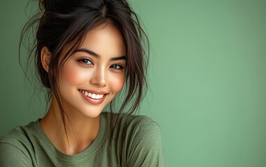 Fototapeta premium Asian woman smiling and wearing a t-shirt in studio color background