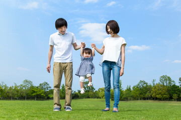 Obraz premium 青空を背景に緑の芝の広場で手を繋ぎ遊ぶ幸せな親子3人。家族,愛情,幸せなイメージ