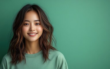 Asian woman smiling and wearing a t-shirt in studio color background