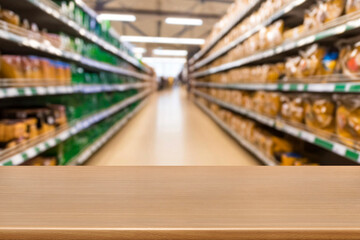 empty  wooden board empty table in front of blurred background. Perspective light wood over blur in supermarket. mock up used for display or montage your products. Wood floor and Supermarket blur.
