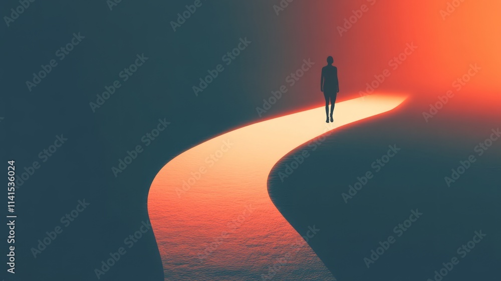Poster solitary figure walking along a curved path of light in a dark environment with an ethereal gradatio