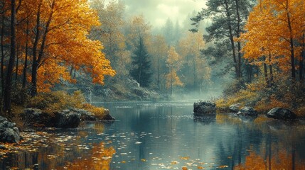 Autumnal forest river scene; misty, colorful leaves.