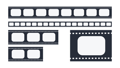 Different film stripes. realistic filmstrip. filmstrips collection on white background. photographic. photo frames. free copy space. black and white film strip