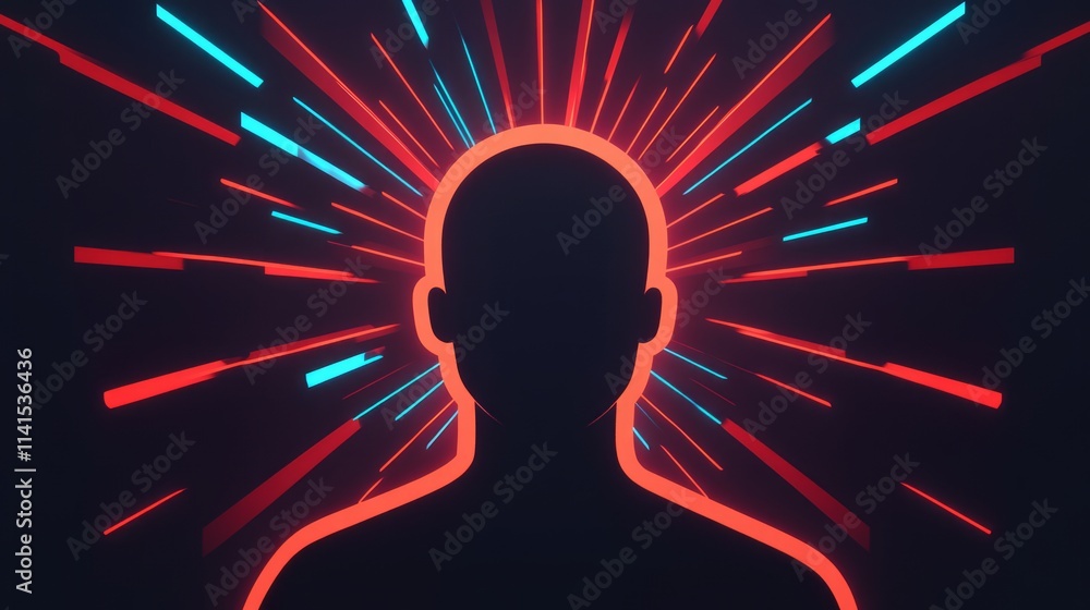 Poster abstract representation of a human silhouette with dynamic rays of light emanating from the head, de