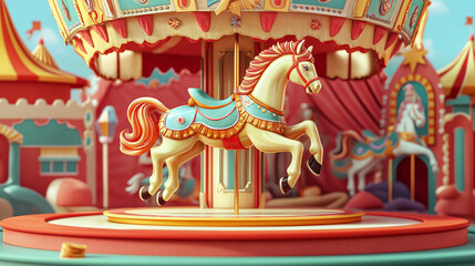 A 3D carousel horse spinning on a flat 2D colorful carnival backdrop