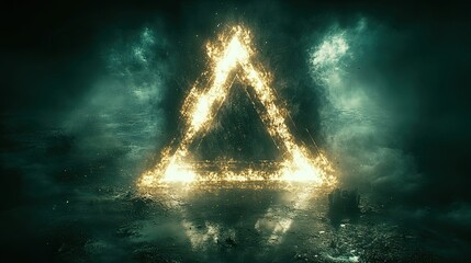 Fiery triangular symbol illuminates a dark atmosphere with intense glowing edges and swirling smoke