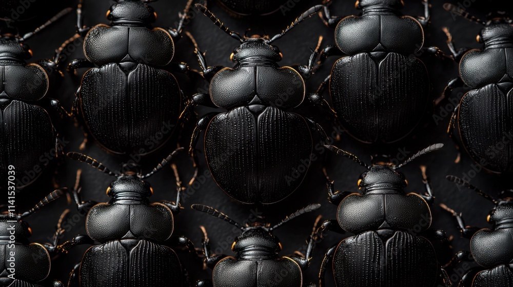 Poster exploring the intricate patterns of black beetles in macro photography studio close-up dark environm