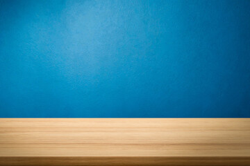 Empty wooden table top and color blue wall background for showing products and advertisers. Template mock up for display of product. product promotion in the wall. for display or montage.