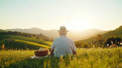 Senior Man Enjoying a Peaceful Sunset in a Green Field with a Picnic Basket Amidst Rolling Hills and Vibrant Nature in a Serene Landscape