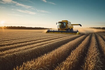 Fototapeta premium Automated Combine Harvester Harvesting Wheat Crop in Lush Agricultural Field - Stock Photo