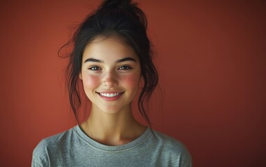 Fototapeta premium Beauty girl smiling and wearing a t-shirt in studio color background